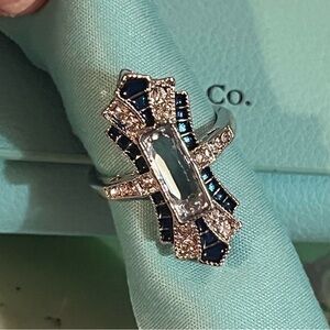 New Vintage White Gold Plated Ring, Enamel Detail, Zirconia Stones.